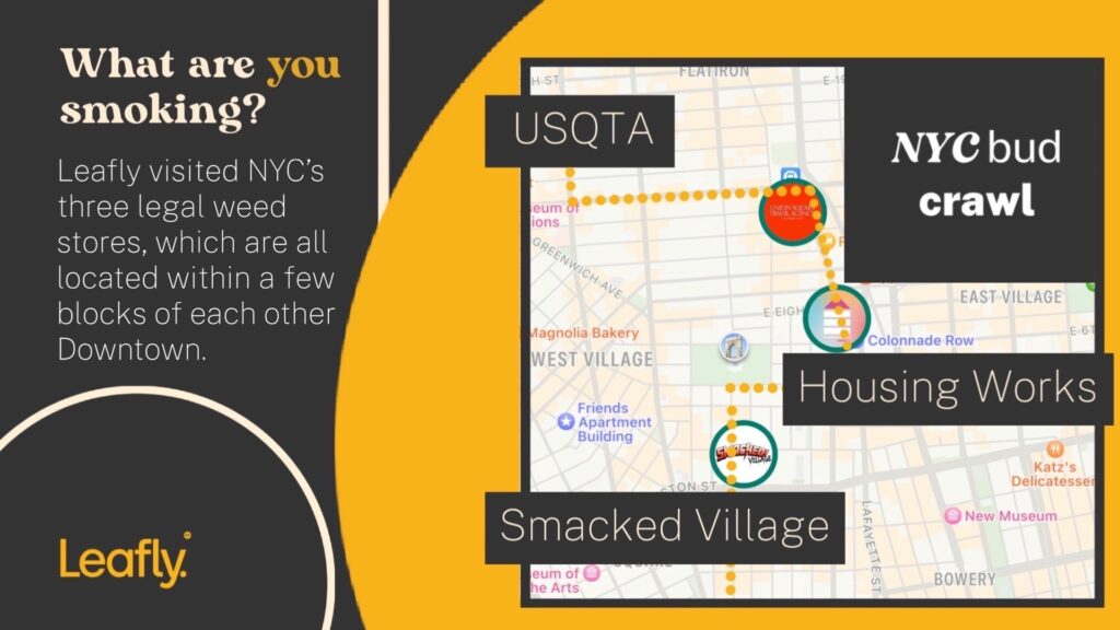 NYC bud crawl map Leafly review cannabis srtains.