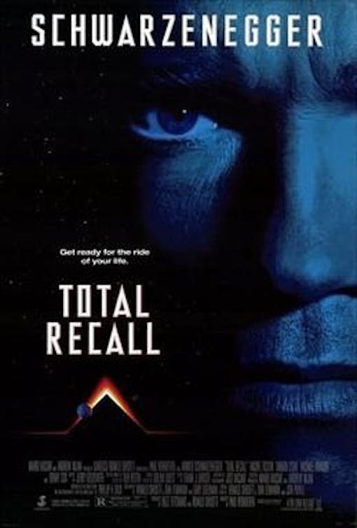 poster for Total Recall, big photo of Arnold S face close up