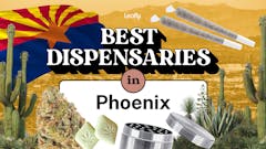 original collage art with text "Leafly Best Dispensaries in Phoenix" in center, with superimposed images of cacti, the blue red and yellow state flag and several marijuana products around it