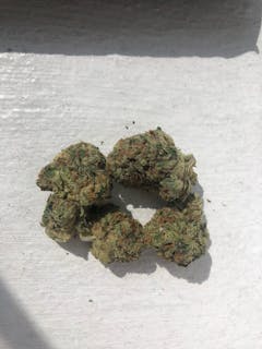 a small handful of forest green nugs arranged in a circle and resting on a white cement surface