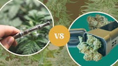 original photo collage with a hand holding a vape pen, the word "vs" and a flower vaporizer