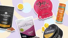 original Leafly collage featuring photos of various packages of gummies against a pastel purple and beige background