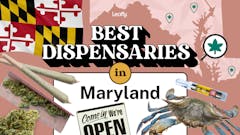 original collage art with text "Leafly Best Dispensaries in Maryland" in center, with superimposed images of a crab, the Maryland checkered state flag and several marijuana products around it
