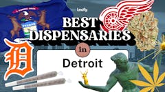 original collage art with text "Leafly Best Dispensaries in Detroit" in center, with superimposed images of the blue flag, a statue of a man, the Detroit Redwings logo and several marijuana products around it