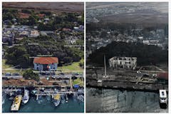splitscreen image of Maui dock before and after it was destroyed by a wildfire