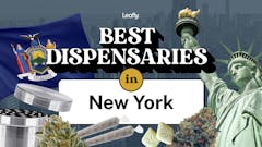 original collage art with text "Leafly Best Dispensaries in New York" in center, with superimposed images of the Statue of Liberty, and several marijuana products around it