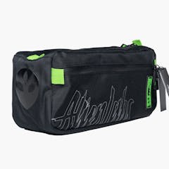 black duffel bag with neon green accents, against a white background