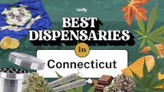 original Leafly collage featuring the text "Best dispensaries in Connecticut" and superimposed images of the Connecticut flag, a maple leaf and various cannabis products
