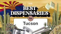 original Leafly collage featuring the text "Best dispensaries in Tucson" and superimposed images of cacti, the Arizona flag and various cannabis products