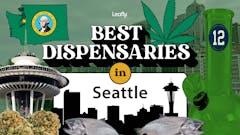 original Leafly collage featuring the text "Best dispensaries in Seattle" and superimposed images of a green bong, the Seattle skyline, fish, the Space Needle and more