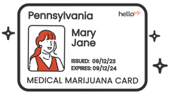 illustration of a MMJ card. it features a drawing of a woman with red hair and her name is listed as Mary Jane. HelloMD logo is in top right corner of the card