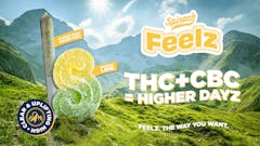 photo of a lush green mountain scape with a pre-rolled joint and an "S"-shaped green and yellow gummy superimposed on it. To the right, superimposed text reads: "Spinch FEELS THC +CBC=HIGHER DAYZ"