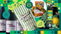 A collage of marijuana edibles, including drinks and candy, mostly in various shades of green