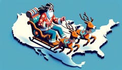 graphic of a hippie-looking santa (headband, sunglasses) on a sleigh with two reindeer, riding above a map of the United States