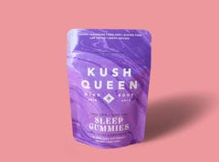 purple bag of gummies against pink background. text on package reads KUSH QUEEN MIND BODY SLEEP GUMMIES. 15mg CBN + 15 mg CBD