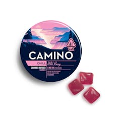 round purple and pink tin of CAMINO CHILL gummies, with illustration of river on it. Flavor is Wild Berry, 5 mg THC per serving. Three pinkish purple gummies are positioned below the tin