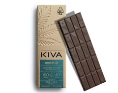 chocolate bar next to beige and blue KIVA chocolate bar package