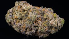 massive, nearly rectangular marijuana nug lying on its side against a black background. the super frosty nug is dazzling: it includes shades of forest green, purple, lime green and orange.