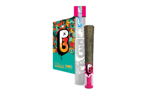 Green package with graffiti design sitting flush next to a doob tube and a pre-roll joint