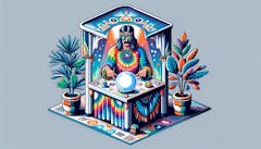 illustration of man in sunglasses with headband and long hair and tie dye shirt looking into a crystal ball on a table