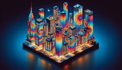 illustration of an NYC block of skyscrapers with a tie-dye design on all of the buildings