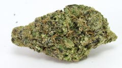 large oval marijuana nug resting on its side. nug is mottled mix of light and dark green