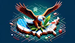 illustration of bald eagle with open beak clutching a marijuana leaf in its talons sits on a 3-D map of the US