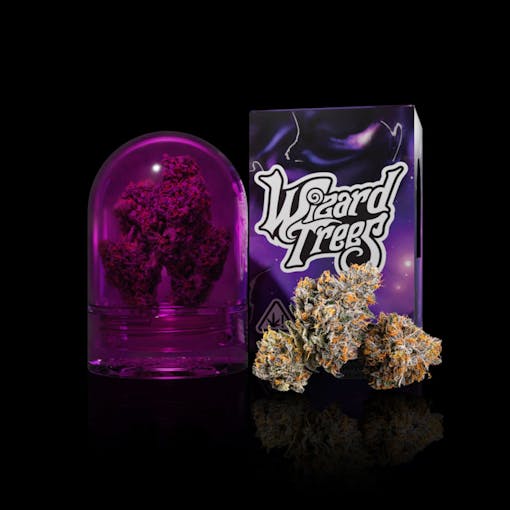 Purple transparent globe with several marijuana nugs. To the right is a purple package of marijuana flowers labeled WIZARD TREES, with three bright purple and orange marijuana flowers arranged in front of it. all against a black background