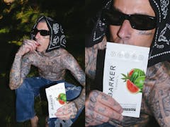split image. on left, man in jeans shirtless and covered in tattoos wearing sunglasses holding a white package of watermelon gummies. on the right, a close-up of same man holding same package in front of his mouth and chin