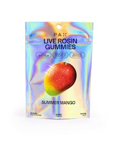 shiny plastic package of PAX' Live Rosin gummies with a trippy image of a melting mango against a white background