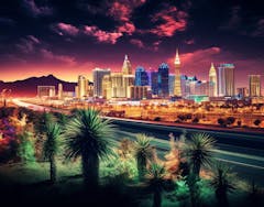 illustration of vegas skyline at night with short palms in foreground and a road separating the palms from the city behind (Chris Kudialis for Leafly)