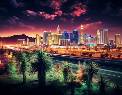 Illustration of the Vegas skyline at night (Chris Kudialis for Leafly)