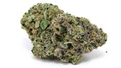 chunky green nug laying on its side, with many purple hairs on its right half, against a white background