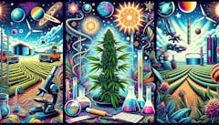 Trippy scientific and agragrian themed main image with bud, stars, crops and beakers. (David Downs/Leafly)