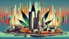 A vivid illustration of Michigan’s skyline with iconic buildings, merging with the foreground of marijuana leaves. Behind the city, abstract, colorful bars resemble a graph, symbolizing the trend data in cannabis culture without any text.