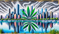 A dynamic cityscape with subtle cannabis leaf motifs integrated into the architecture and waterfront, enhancing the urban scene with a touch of nature's geometry.