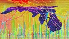 A vibrant abstract outlne of the state of Maryland with graphs in the background