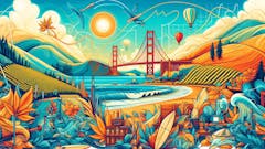 A vibrant, abstract illustration that celebrates California’s cannabis culture, incorporating iconic landmarks and landscapes. The Golden Gate Bridge stretches across a sunlit bay, surrounded by stylized representations of beaches, redwood forests, and rolling hills of wine country. Artistic line graphs float above, hinting at the industry's growth, while abstract elements and tech symbols nod to Silicon Valley. The illustration bursts with the golden and blue hues of California’s sunshine and the Pacific Ocean, embodying the state's innovative and relaxed spirit.