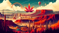 A vibrant digital artwork blending Arizona's desert landscapes with abstract elements of cannabis culture. In the foreground, saguaro cacti and desert flora are set against a backdrop of red rock formations, with a city skyline in the mid-ground. A central, oversized cannabis leaf with a Canadian maple leaf pattern dominates the scene, underlined by stylized white line graphs that arc across the sky, hinting at data analytics. Hot air balloons and whimsical clouds add a touch of fantasy to the clear blue sky.