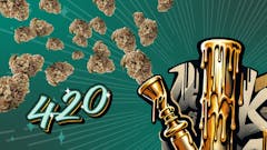 a green background, with a bong in the foreground, dripping in gold and exploding with high resolution, cannabis buds