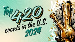 original art by Leafly. in left 2/3 of frame, text reads "Top 420 events in the U.S. 2024" and in the right 1/3, an illustration of a golden bong with dripping molten gold running down it