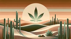 An abstract Arizona desert landscape at sunset with subtle green cannabis leaf motifs integrated into the scenery, complementing the earthy tones and minimalist aesthetic.