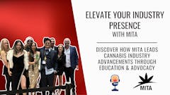 poster for an event titled "Elevate your Industry presence with MITA" featuring photo of a half-dozen people against a red background on the left half of the image, and text on the right