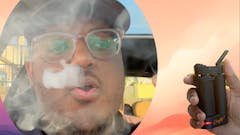 collage of a man smoking and a hand holding a Crafty Vaporizer