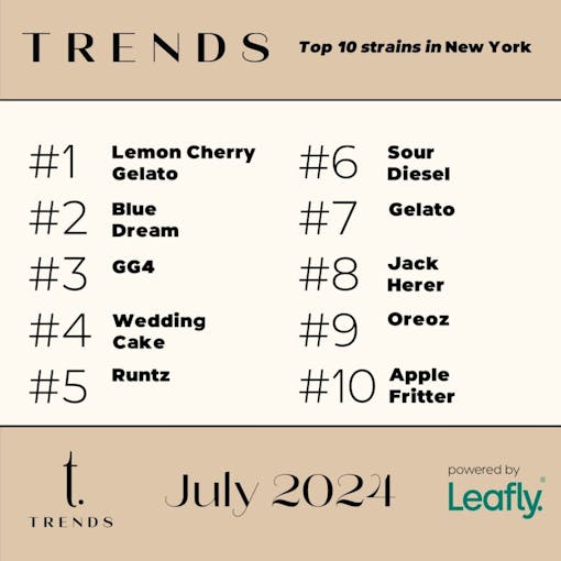 Leafly Trends Top 10 Varieties in New York July 2024 Lemon Cherry Gelato