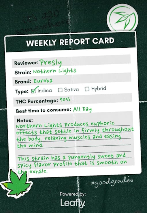 Eureka Vapes Good Grades Weekly Report Card Northern Lights strain
