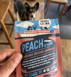 peach and blue gummy package with an out-of-focus dog in the background
