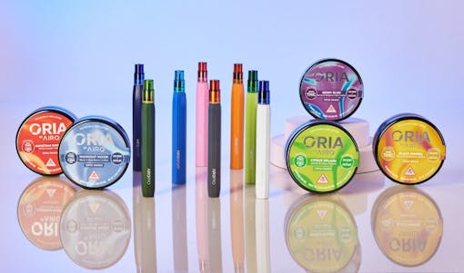 AiroPods and Oria edibles in packaging lined up on display.