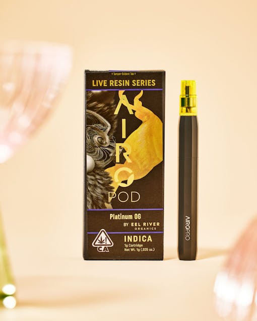 AiroPod Live Resin series product staged next to its packaging against a light peach background.