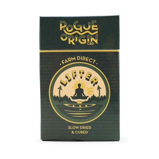 One dark green box of Rogue Origin Lifter Rogue Rollers hemp pre-rolls over a white background